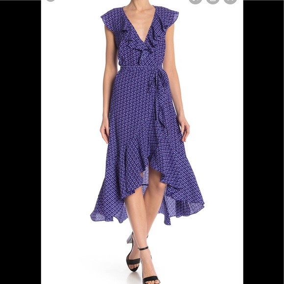 max studio patterned ruffle wrap midi dress